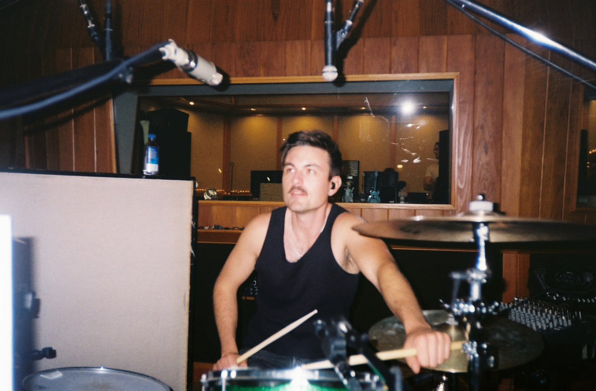Florian Gouëllo playing drums at Sound City, Los Angeles