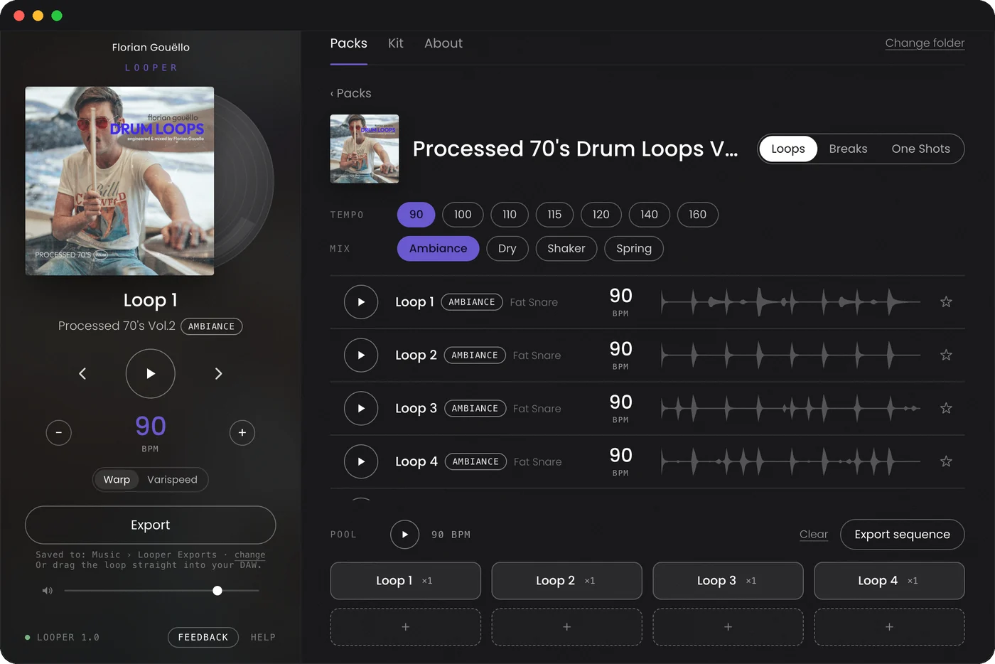 Looper for Mac, with Processed 70's Drum Loops Vol.2 open